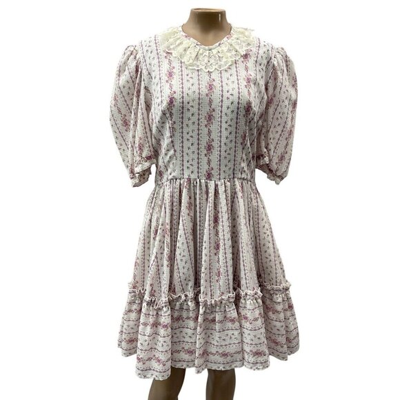 1970s Vintage Boho Floral Lace Collared Dress Puff Sleeves Ruffled Hem Women XS* - Picture 1 of 9